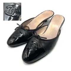 《美品》シャネル ココマーク ミュール エナメル リボン ブラック 黒系 36