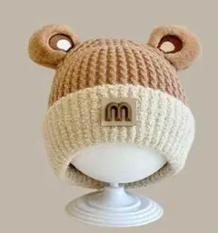 キッズ　ニット帽　クマ耳付き帽子 　子供　かわいい　ベージュ　ホワイト