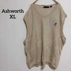 Ashworth 【XL】ベージュ Vネック ニットベスト　刺繍　ワンポイント