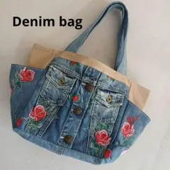 バラ刺繍デニムリメイクバッグ大容量
