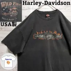 USA製　ハーレーダビッドソン　ファイヤー　フレイム　星条旗　ダメージT　2XL