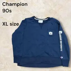 90s Champion カレッジロゴスウェット 片袖プリント 前VネイビーXL