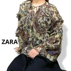 美品　ZARA ザラ　シフォン フリル ブラウス　ペイズリー柄　リボンタイ　Mのサムネイル