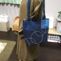 藍染古布のパッチワーク·刺し子トートバッグ