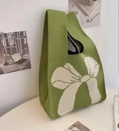 リボン サマーニットデザイン ハンドバッグ グリーン