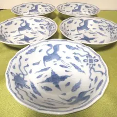 藍鍋島流水鷺図変形皿、5枚。 藍鍋島流水文鷺図変形皿 鍋島写 對山窯 菱形染付 鷺絵 人間国宝 中里