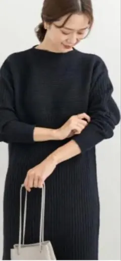 ネイビー リブ編み 長袖ニット切替ワンピース