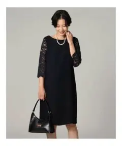 UNTITLED アンタイトル　レース スリーブツイルワンピース 紺 日本製