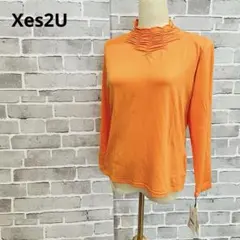 Xes2U 　フリルネック 長袖Tシャツ オレンジ【F】シアー　a893