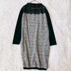 オペークドットクリップ ワンピース レース ツイード調 黒 上品（M）
