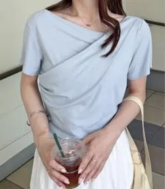 ラナン RANAN ドレープオフショルリブ Tシャツ ブルー