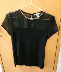 H&M シアー切替 半袖トップス ブラック XS ビジュー付き シースルーのサムネイル