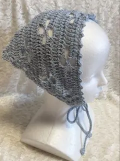 バブーシュカ　ヘッドスカーフ　ヘアバンドバンダナ　かぎ針編み　ラスティックブルー