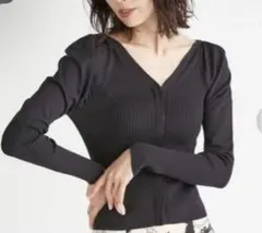 極美品フレイアイディー デコルテパフスリーブリブニットカーディガン