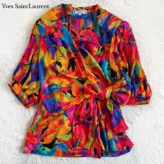 希少80s イヴサンローラン　カシュクールラップブラウス　パフスリーブ　花柄