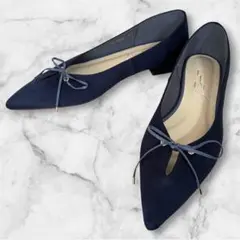 ルタロン　パンプス　ネイビー　ポインテッドトゥ　リボン　バレエ　スエード