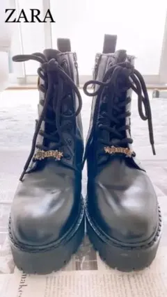 ZARA ショートブーツ　黒　24.0㎝　編み上げ　ワークブーツ