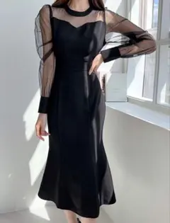 DAZY コントラストメッシュパフスリーブドレス セミシアードレス 秋ドレス M