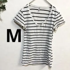 【M】白黒ストライプ Vネック 半袖Tシャツ