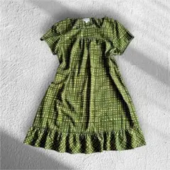 ホコモモラ de Sybilla 幾何学模様 ワンピース グリーンフリル袖 M