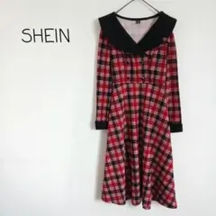 美品 ビッグ襟 チェック柄ヴィンテージ風ワンピース 伸縮性 クラシック 赤