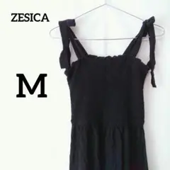 ZESICA 【M】キャミワンピースシャーリング 肩リボン ブラックのサムネイル
