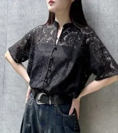 ページボーイ　レースバンドカラーシャツ　ブラック