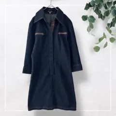 【リブレクレア】デニムワンピース(11AR)七分袖　レザーパイピング　ネイビー