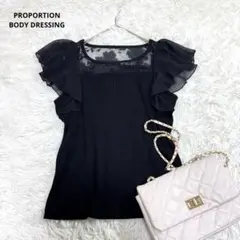 プロポーションボディドレッシング◆フリル袖口半袖ニットブラウス(2)黒　レース