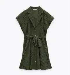 ZARA カットワークエンブロイダリー シャツワンピース オリーブグリーンS