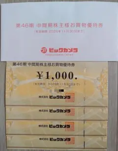 ビックカメラ 株主優待券 4000円分（1,000円 x4）のサムネイル