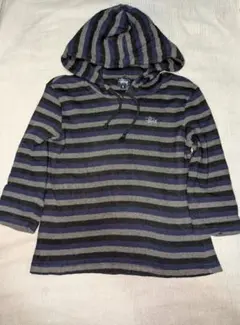 Stussy マルチボーダー七分袖ロンT　フード付き Lサイズ　グレーネイビー黒