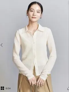 アイボリー 長袖 ボタン付きシャツ