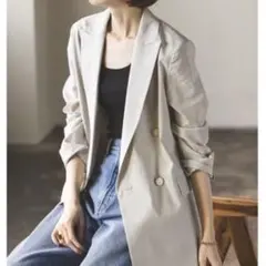 美品 Noble 25SS 麻ストレッチピークドラペルダブルジャケット 34