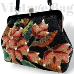 美品✨希少　総ビーズ　ハンドバッグ　がま口　花柄　腕掛け　黒　マルチカラー　和装