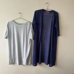 ラメ入りチュニックとネイビーのカーディガンセット