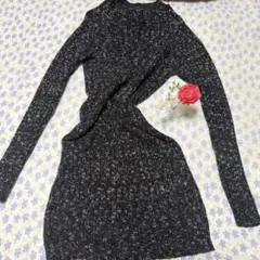 ダークグレー リブ編み 長袖ニットワンピース