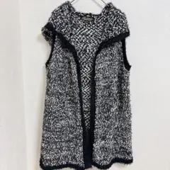 ABSOLUTELY FAMOUS フリンジ ロングベスト ニット ジレ 黒白M