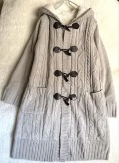 グレー ケーブル編み フード付きダッフルコート L