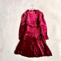 ベロア 원피스 F 長袖 ボルドー ひざ丈 ボリューム袖 フェミニン