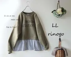 新品値引き　ＬＬカーキロゴ*ストライプシャツ切替圧縮素材トップス　大きいサイズ