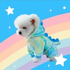 犬服 恐竜フリースパーカーつなぎ 水色＆緑グラデーション 新品 Sサイズ 冬暖か