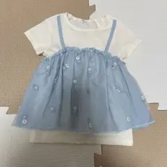 サックス色 フラワー刺繍 Tシャツ 95