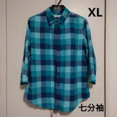 【ユニクロ】プレミアムリネンチェックシャツ(七分袖)/XL