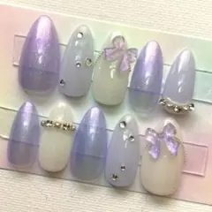 ネイルチップ ちゅるん リボン フレンチガーリー 推し活 パープル 透明感