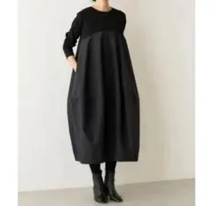バルーンスカート　長袖　体型カバー　ロングワンピース　ブラック　カットソー着痩せ