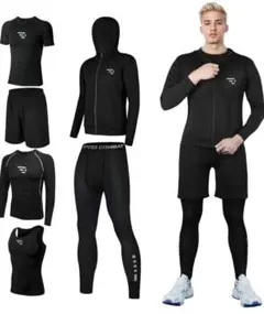 スポーツウェア L メンズ 上下6点セット コンプレッション ランニング 黒