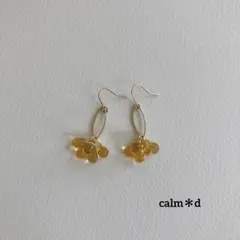 【182】イエローガラス 楕円フープ ゴールド ピアス イヤリング ハンドメイド