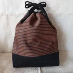 ハンドメイド巾着袋/赤系ボーダー柄/着物リメイク/裏地付き/ポケット付き