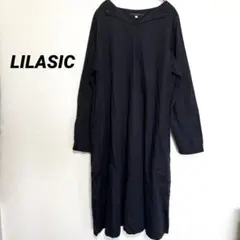 3000M リラシク　ロングワンピース　無地　シンプル　襟　キレイめ　ひざ下　紺